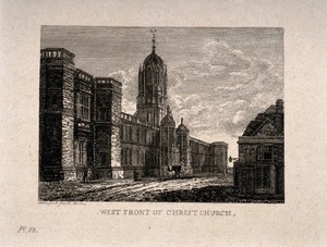 view Christ Church, Oxford: panoramic views. Etching by J. Whessell.