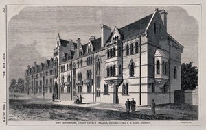 view Christ Church, Oxford: halls of residence. Wood engraving by J. Walmsley, 1866, after J. Gascoine after T.N. Deane.
