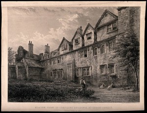 view Christ Church, Oxford: chaplains' buildings from the meadow. Line engraving by J.H. Le Keux, 1863, after himself.