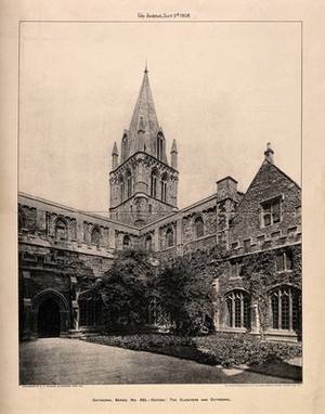 view Christ Church, Oxford: cloisters and cathedral. Photolithograph by A.E. Walsham, 1908.