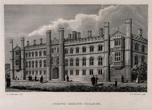 view Corpus Christi College, Oxford. Line engraving by E.F. McCabe after R.B. Harraden.