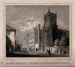 view Corpus Christi College and St. Botolph's Church, Oxford. Line engraving by J. & H.S. Storer after W. Wilkins.