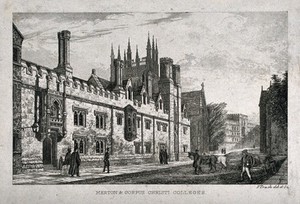 view Corpus Christi College and Merton College, Oxford. Etching by F. Trash after himself.