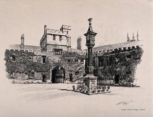 view Corpus Christi College, Oxford: courtyard. Reproduction of a drawing by V.H. Bailey, 1902.