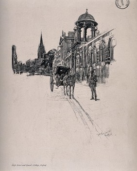 Queen's College and High Street, Oxford: panoramic view. Reproduction of a drawing by V.H. Bailey.