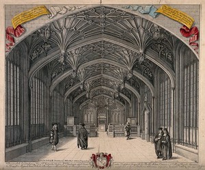 view Divinity School, Oxford: interior of hall with coat of arms. Coloured engraving by D. Loggan after himself.