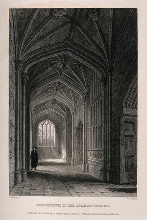 view Divinity School, Oxford: hallway. Line engraving by J. Le Keux, 1836, after F. Mackenzie.