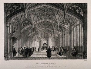 view Divinity School, Oxford: great hall. Line engraving by J. Le Keux, 1837, after F. Mackenzie.