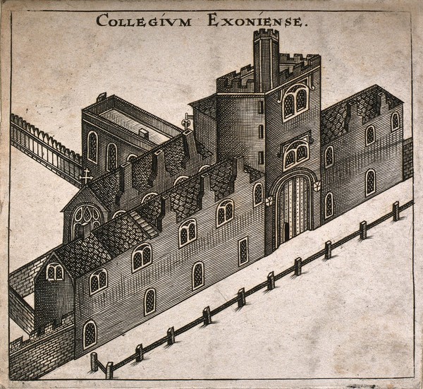 Exeter College, Oxford: bird's eye view. Wood engraving.