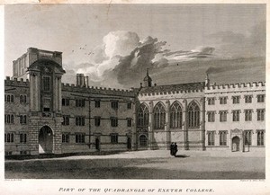 view Exeter College, Oxford: quadrangle. Line engraving by J. Basire after H. O'Neill.