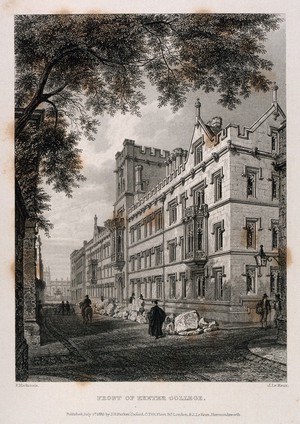 view Exeter College, Oxford: front. Line engraving by J. Le Keux, 1835, after F. Mackenzie.