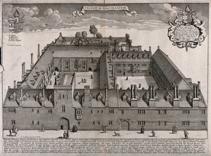 view Lincoln College, Oxford: bird's-eye view with coat of arms. Etching by D. Loggan, 1674.