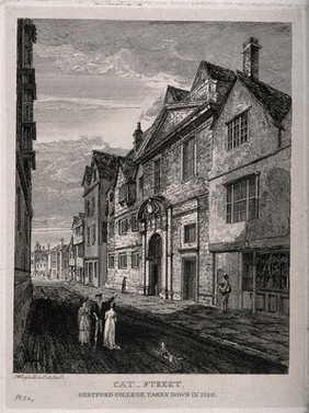Hertford College, Oxford. Etching by J. Whessall after himself.