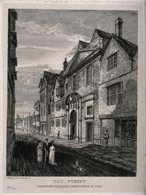 view Hertford College, Oxford. Etching by J. Whessall after himself.