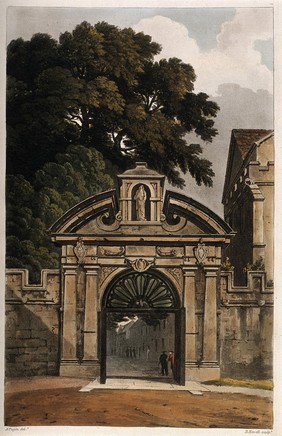 Magdalen College, Oxford: entrance gate. Coloured aquatint by D. Havell, 1814, after A.C. Pugin.