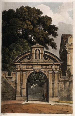 view Magdalen College, Oxford: entrance gate. Coloured aquatint by D. Havell, 1814, after A.C. Pugin.