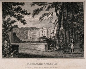 view Magdalen College, Oxford. Line engraving by H.S. Storer, 1821, after himself.