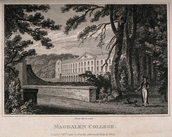 Magdalen College, Oxford. Line engraving by H.S. Storer, 1821, after himself.