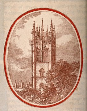 Magdalen College, Oxford: the tower. Tinted line engraving.