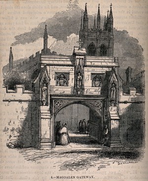 view Magdalen College, Oxford: gateway. Wood engraving by M.A. Williams.