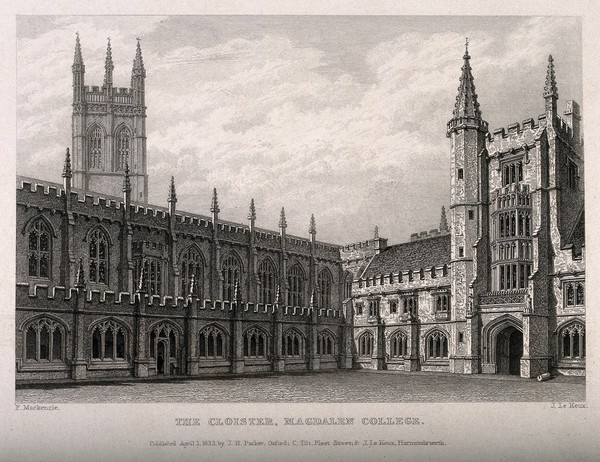 Magdalen College, Oxford: cloisters. Line engraving by J. Le Keux, 1833, F. Mackenzie.