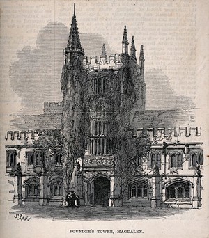 view Magdalen College, Oxford: the tower. Wood engraving by S. Redd.