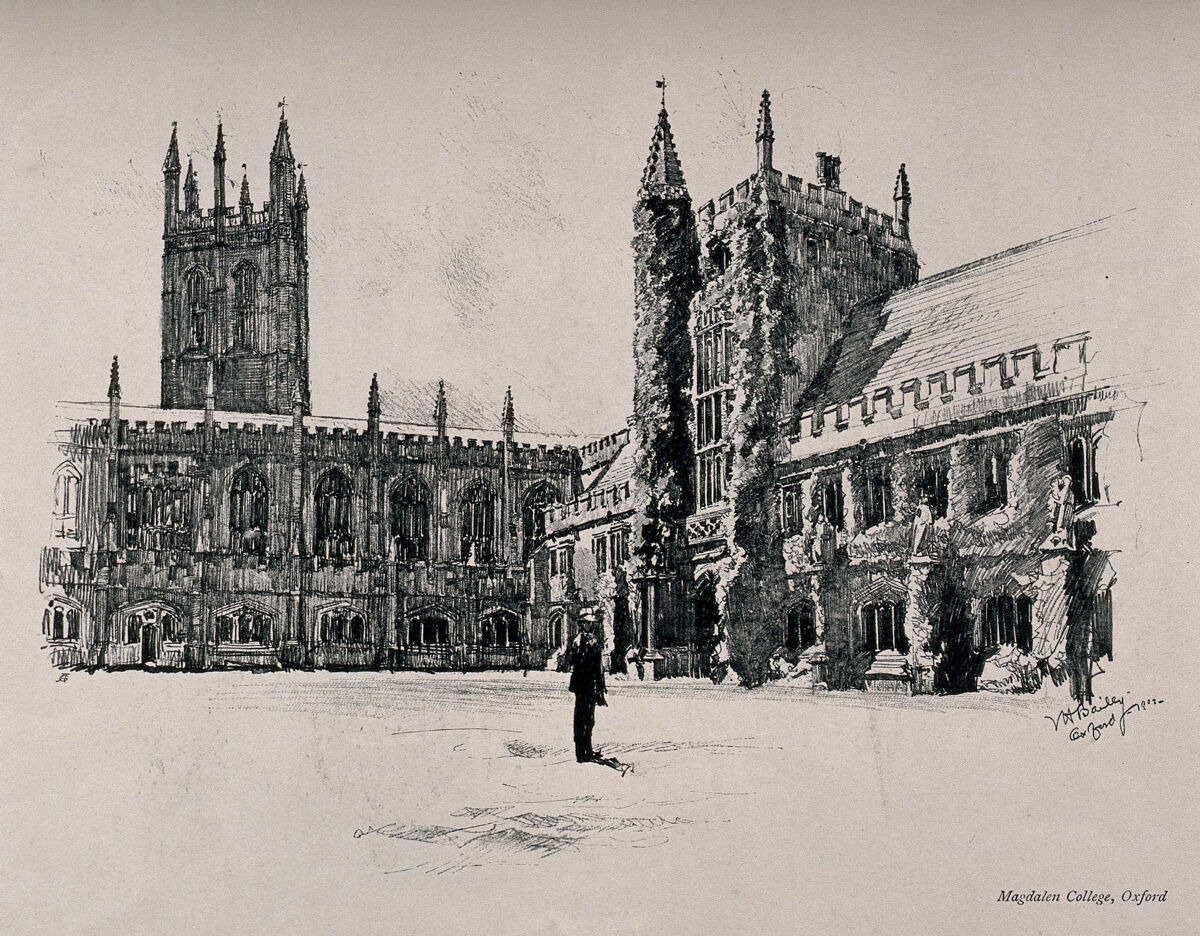 Magdalen College, Oxford: panoramic view. Process print after V.H. Bailey, 1902., 1902, by Vernon Howe Bailey