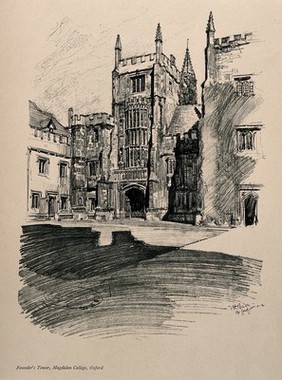 Magdalen College, Oxford: Founder's tower. Process print by V.H. Bailey, 1902.