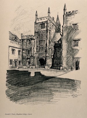 view Magdalen College, Oxford: Founder's tower. Process print by V.H. Bailey, 1902.