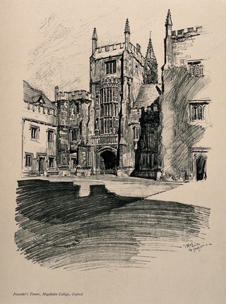 Magdalen College, Oxford: Founder's tower. Process print by V.H. Bailey, 1902.