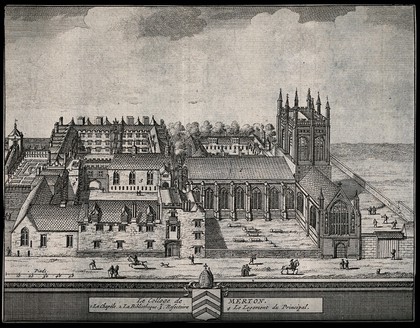 Merton College, Oxford: bird's eye view with key. Line engraving.