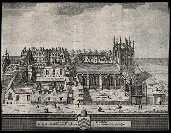 Merton College, Oxford: bird's eye view with key. Line engraving.