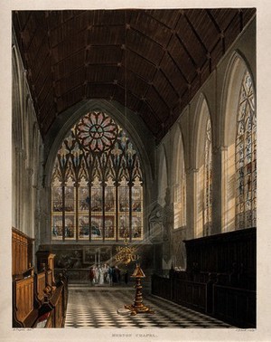 view Merton College, Oxford: a marriage ceremony in the chapel. Coloured aquatint by J. Bluck, 1813, after A.C. Pugin.