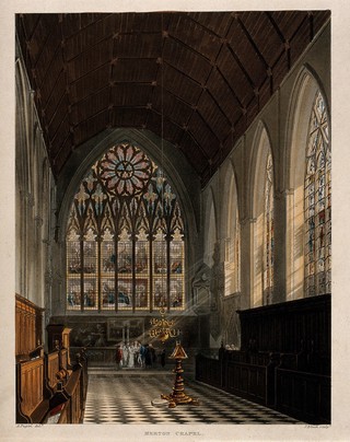 Merton College, Oxford: a marriage ceremony in the chapel. Coloured aquatint by J. Bluck, 1813, after A.C. Pugin.