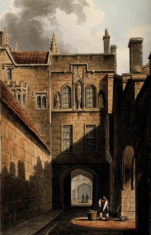 view New College, Oxford: entrance gate. Coloured aquatint by J. Hill, 1814, after A.C. Pugin.
