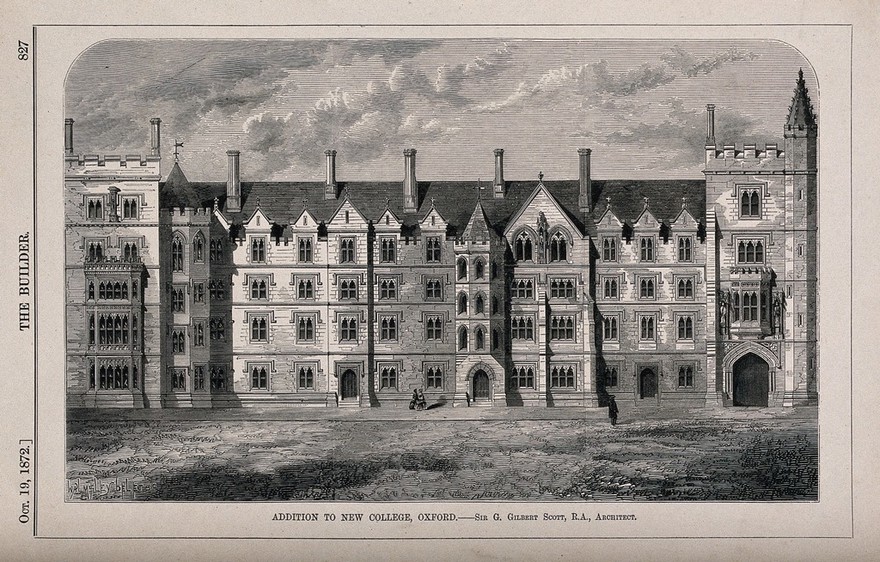 New College, Oxford. Wood engraving by J. Walmsley, 1872, after Sir G. G. Scott.