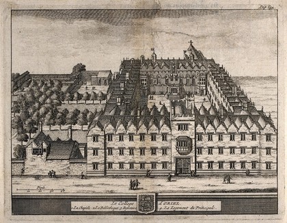 Oriel College, Oxford: bird's eye view with a scale, numbered key and coat of arms. Etching.