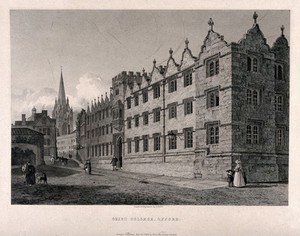 view Oriel College, Oxford: panoramic views. Line engraving by G. Hollis, 1829, after himself.