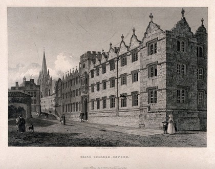 Oriel College, Oxford: panoramic views. Line engraving by G. Hollis, 1829, after himself.