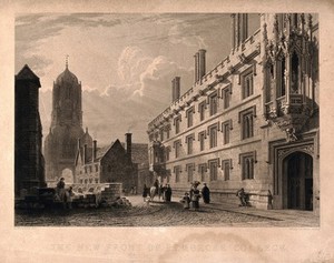 view Pembroke College, Oxford: with Martyr's Memorial in the background. Line engraving by H. Le Keux, 1837, after F. Mackenzie.