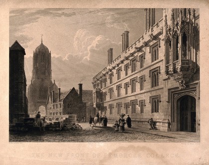 Pembroke College, Oxford: with Martyr's Memorial in the background. Line engraving by H. Le Keux, 1837, after F. Mackenzie.