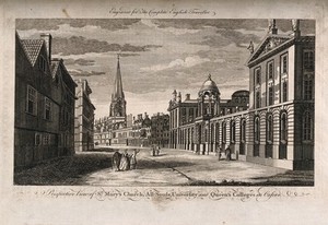 view Queen's College, Oxford: showing panoramic view of All Souls College and St. Mary's Church. Line engraving.