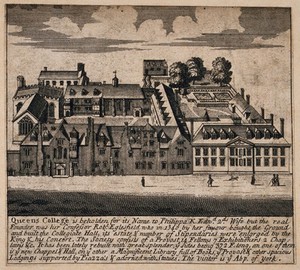 view Queen's College, Oxford: bird's eye view and printed text. Line engraving.