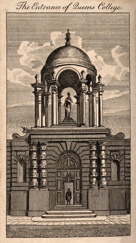 Queen's College, Oxford: gateway. Line engraving.