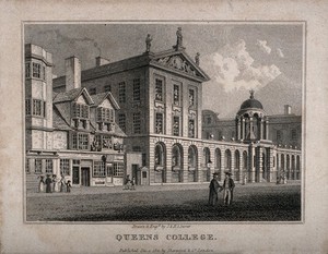 view Queen's College, Oxford. Line engraving by J. & H.S. Storer, 1821.