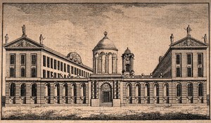 view Queen's College, Oxford: panoramic view. Line engraving.