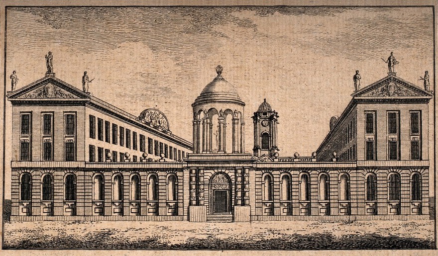 Queen's College, Oxford: panoramic view. Line engraving.