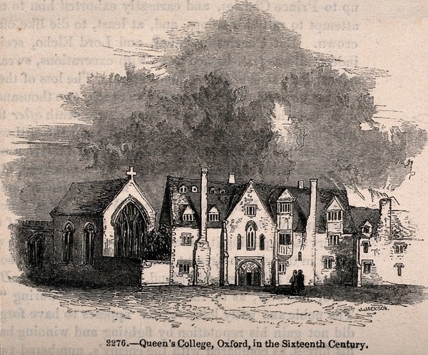 Queen's College, Oxford: its buildings in the sixteenth century, before their replacement by neoclassical buildings. Wood engraving by J. Jackson, 1845.
