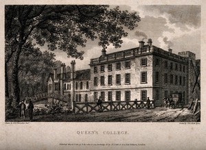 view Queen's College, Oxford: from the river. Line engraving by Elizabeth Byrne, 1810, after R.B. Harraden.