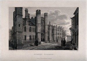 view Queen's College, Oxford: entranceway. Line engraving by E.F. McCabe, 1824, after R.B. Harraden.